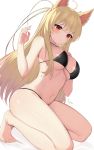  1girl absurdres ahoge artist_name bikini black_bikini blonde_hair breasts fox_tail hand_on_own_chest highres kneeling large_breasts navel original red_eyes simple_background skindentation solo swimsuit symbol_commentary tail tttanggvl white_background 