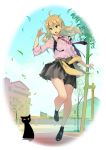  1girl bangs blonde_hair blush building cat clothes_around_waist eyebrows_visible_through_hair facing_viewer full_body green_eyes highres leaf long_hair necktie open_mouth original pleated_skirt school_uniform skirt solo sweater_around_waist twinpoo wind 