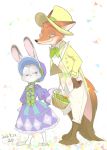  2016 anthro barefoot black_tie_(suit) canid canine clothing dipstick_tail disney dress duo female fox fur green_eyes half-closed_eyes hand_on_hip hat headgear headwear inner_ear_fluff judy_hopps lagomorph leporid looking_back male mammal multicolored_tail narrowed_eyes nick_wilde purple_eyes rabbit red_fox sagara_shino simple_background size_difference smile smirk suit top_hat tuft zootopia 