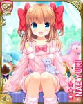  1girl blue_eyes bow brown_hair character_name girlfriend_(kari) hair_bow kneehighs long_hair no_pants official_art open_mouth pink_legwear pink_sweater qp:flapper ribbon sitting smile solo stuffed_animal stuffed_toy sweater teddy_bear turtleneck two_side_up yuuki_nae 