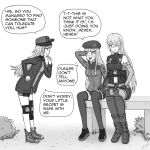  3girls ak-15_(girls_frontline) artist_request assault_rifle beret blush boots english_text g11_(girls_frontline) girls_frontline gloves greyscale gun hat hk416_(girls_frontline) holding_hands knee_pads long_hair monochrome multiple_girls rifle shoes sitting sneakers speech_bubble thighhighs weapon yuri 