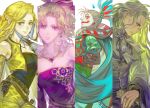 1girl bare_shoulders blonde_hair blue_eyes breasts cefca_palazzo celes_chere cleavage closed_mouth commentary dress earrings elbow_gloves final_fantasy final_fantasy_vi gloves green_hair jewelry long_hair looking_at_viewer medium_hair multiple_boys multiple_girls necklace ponytail prema-ja scar setzer_gabbiani smile solo tina_branford 