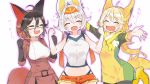  3girls :o ahoge animal_ears black_gloves black_hair blonde_hair boltund breasts brown_coat brown_hair bunny_ears cinderace clenched_hand closed_eyes coat dog_ears dog_tail facing_viewer fang fox_ears fox_tail gloves hair_between_eyes hands_up medium_breasts midriff multicolored_hair multiple_girls orange_headband orange_shorts personification pokemon pokemon_(game) pokemon_swsh sakutake_(ue3sayu) short_shorts short_sleeves shorts silver_hair simple_background skin_fang sleeveless standing sweatdrop tail thievul two-tone_hair white_background yellow_footwear 