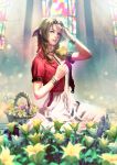  1girl aerith_gainsborough bow braid breasts brown_hair commentary_request cropped_jacket dress final_fantasy final_fantasy_vii final_fantasy_vii_remake flower green_eyes hair_ribbon highres long_dress long_hair looking_at_viewer pink_bow pink_dress ribbon solo tdsuke 