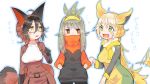  3girls :d ahoge animal_ears black_gloves black_hair boltund breasts brown_hair collar covered_mouth dog_ears fox_ears fox_tail gloves green_eyes grey_hair hair_between_eyes hairband hand_up hands_in_pockets long_hair looking_at_another medium_breasts multicolored_hair multiple_girls open_mouth personification petticoat pokemon pokemon_(game) pokemon_swsh raboot red_eyes sakutake_(ue3sayu) short_hair smile standing sweatdrop tail tail_wagging thievul two-tone_hair white_background yellow_eyes yellow_hairband 