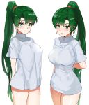  1girl absurdres blush bottomless breasts commentary earrings english_commentary fire_emblem fire_emblem:_the_blazing_blade green_eyes green_hair high_ponytail highres jewelry long_hair looking_at_viewer lyn_(fire_emblem) medium_breasts multiple_views ormille pajamas_challenge ponytail shirt simple_background t-shirt turtleneck very_long_hair white_background 