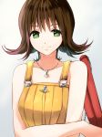  1girl breasts brown_hair closed_mouth dress final_fantasy final_fantasy_viii flipped_hair green_eyes highres himasen looking_at_viewer nunchaku selphie_tilmitt short_hair simple_background smile solo weapon yellow_overalls 