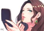  1girl brown_hair close-up commentary_request da-cart dorothea_arnault earrings face fire_emblem fire_emblem:_three_houses green_eyes hand_mirror highres jewelry lipstick long_hair looking_at_viewer looking_to_the_side makeup mirror pink_lips 