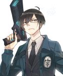  1boy black_hair black_vest blue_eyes dominator_(gun) frown ginoza_nobuchika glasses gun hair_between_eyes highres holding holding_gun holding_weapon long_sleeves male_focus necktie psycho-pass sakutake_(ue3sayu) simple_background uniform upper_body vest weapon white_background 