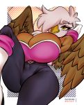  2020 anthro avian big_breasts bodysuit breasts cleavage clothed clothing cosplay eyelashes feathered_wings feathers female friendship_is_magic gilda_(mlp) gryphon hi_res huge_breasts lying mrkashkiet my_little_pony on_back skinsuit solo tight_clothing wings 