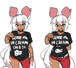  1girl absurdres animal_ears arm_behind_back baggy_clothes black_choker black_nails breasts choker clothes_writing commentary dark_skin ear_piercing english_commentary fuck-me_shirt highres huge_breasts licking_lips long_hair looking_at_viewer meme_attire mouse_ears mouse_girl multiple_views nail_polish original pajamas_challenge piercing print_shirt pulled_by_self red_eyes red_legwear red_nails shirt slender_waist solo sweat t-shirt taut_clothes taut_shirt tongue tongue_out very_long_hair white_hair zana 