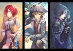  1girl 2boys adapted_costume blue_eyes breasts brown_hair closed_mouth commentary_request destiny's_embrace_(kingdom_hearts) dress fingerless_gloves gloves gogo_(detteiu_de) green_eyes highres hood jewelry kairi_(kingdom_hearts) keyblade kingdom_hearts kingdom_hearts_ii looking_at_viewer medium_hair multiple_boys necklace open_mouth pirates_of_the_caribbean red_hair riku_(kingdom_hearts) smile sora_(kingdom_hearts) spiked_hair sweat white_hair 