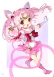  1girl absurdres bishoujo_senshi_sailor_moon blush boots bow chibi_usa commentary_request elbow_gloves full_body gloves headpiece heart high_heel_boots high_heels highres holding holding_wand knee_boots long_hair looking_at_viewer neki_(wakiko) open_mouth outstretched_arms pink_footwear pink_hair pink_moon_stick pink_sailor_collar pink_skirt pleated_skirt purple_background red_bow red_eyes sailor_chibi_moon sailor_collar sailor_senshi_uniform shirt short_sleeves signature skirt solo star twintails two-tone_background wand white_background white_gloves white_shirt 