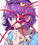  1girl :p arm_up blue_shirt commentary_request eyebrows_visible_through_hair finger_licking frilled_shirt_collar frilled_sleeves frills gunjou_row hair_between_eyes hair_ornament hairband head_tilt heart heart_hair_ornament komeiji_satori licking long_sleeves looking_at_viewer one_eye_covered purple_eyes purple_hair shirt short_hair simple_background solo third_eye tongue tongue_out touhou upper_body white_background 