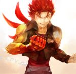  1boy brown_eyes commentary_request goshi grin jacket kazuma_(scryed) looking_at_viewer male_focus open_mouth power_fist red_hair scryed shirt simple_background smile solo 