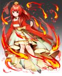  1girl choker clenched_hand dress fire flat_chest full_body gradient gradient_background grey_background hair_ornament hair_stick highres ho-oh personification pokemon pokemon_(game) red_dress red_eyes red_hair s2roves2 solo two-tone_dress white_dress white_footwear wide_sleeves 
