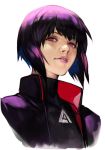  1girl ghost_in_the_shell ghost_in_the_shell:_sac_2045 ghost_in_the_shell_stand_alone_complex hankuri jacket kusanagi_motoko looking_at_viewer purple_hair short_hair simple_background solo white_background 