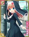  1girl black_dress blue_eyes brown_hair character_name dress from_side girlfriend_(kari) habit hair_ornament heart heart_hair_ornament indoors jewelry long_hair looking_back necklace nun official_art open_mouth qp:flapper smile solo stairs window yuuki_nae 