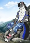  2020 4_toes 5_fingers abs anthro barefoot black_hair canid canine canis clothed clothing day detailed_background digital_media_(artwork) digitigrade domestic_dog eyebrows eyelashes fingers fur grass grey_body grey_fur hair hi_res male mammal outside sky smile solo tanutanuki toes topless 
