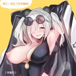  1girl :d animal_ears arknights armpits arms_behind_head arms_up blush breasts chinese_clothes chinese_text cleavage ditienan_ddn eyewear_on_head fang feater_(arknights) grey_hair hair_over_one_eye heart heart-shaped_pupils highres long_hair looking_at_viewer one_breast_out open_mouth panda_ears simple_background sleeveless smile solo sunglasses sweat symbol-shaped_pupils translated twintails yellow_background yellow_eyes 