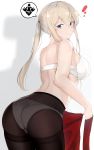  1boy 1girl ass blonde_hair bra cowboy_shot from_behind graf_zeppelin_(kantai_collection) grey_eyes gusset hair_between_eyes highres kantai_collection looking_at_viewer looking_back maruya1006 panties panties_under_pantyhose pantyhose shadow sidelocks speech_bubble symbol t-head_admiral tsurime twintails underwear white_background white_bra white_panties 