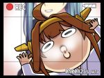  2girls ahoge angry battery_indicator black_border blue_hair blurry blurry_background border breath brown_hair chibi clenched_teeth crosshair depth_of_field grid head_out_of_frame headband ishii_hisao kantai_collection kongou_(kantai_collection) long_hair multiple_girls o3o o_o pink_background purple_sweater recording suzuya_(kantai_collection) sweater teeth timestamp 