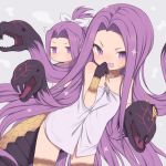 2girls bangs bare_shoulders blush breasts claws fate/grand_order fate_(series) forehead gamuo gorgon_(fate) grey_background hair_intakes long_hair looking_at_viewer medusa_(lancer)_(fate) multiple_girls naked_towel open_mouth parted_bangs ponytail purple_eyes purple_hair rider scales simple_background small_breasts smile snake_hair snake_tail solo sparkle tail thighs towel very_long_hair younger 