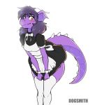  2020 absurd_res anthro bent_over blush clothed clothing digital_media_(artwork) digiten dragon embarrassed eyelashes faizenek female hair hi_res horn legwear looking_at_viewer maid_uniform purple_body purple_skin scalie simple_background solo thigh_highs uniform white_background yellow_eyes 