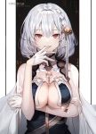  1girl absurdres azur_lane biting black_dress braid breast_curtains breasts character_name cleavage dress finger_biting gloves hair_intakes highres large_breasts looking_at_viewer no_bra red_eyes see-through short_hair silver_hair sirius_(azur_lane) sirius_(azure_horizons)_(azur_lane) solo unity_(ekvmsp02) upper_body white_gloves 