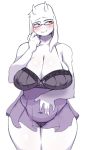  big_breasts blush boss_monster bovid breasts caprine clothing embarrassed eyewear fur glasses hand_on_stomach hi_res horn lightsource lingerie mammal nipple_outline red_eyes seductive slightly_chubby thick_thighs toriel undertale video_games white_body white_fur wide_hips 