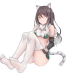  1girl animal_ear_fluff animal_ears bandeau bangs bare_shoulders black_gloves black_hair breasts brown_eyes closed_mouth elbow_gloves eyebrows_visible_through_hair fingerless_gloves full_body gloves gradient_hair green_skirt grey_hair hair_between_eyes kashiwazaki_shiori looking_at_viewer multicolored_hair no_shoes nyakonro_(nekonro) panties pleated_skirt princess_connect! princess_connect!_re:dive simple_background skirt small_breasts smile soles solo tail thighhighs tiger_ears tiger_girl tiger_tail underwear white_background white_legwear white_panties 