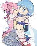  2girls ;d arms_around_neck blue_eyes blue_hair blue_skirt blush breasts bubble_skirt cape carrying cheek-to-cheek detached_sleeves fortissimo fortissimo_hair_ornament frilled_legwear frilled_skirt frilled_sleeves frills gloves grin hair_between_eyes hair_ornament hair_ribbon hairclip hand_on_another&#039;s_back hand_on_another&#039;s_thigh highres kaname_madoka kirikuchi_riku legs_together looking_at_viewer looking_away mahou_shoujo_madoka_magica miki_sayaka multiple_girls no_nose one_eye_closed open_mouth pink_eyes pink_hair pleated_skirt princess_carry puffy_short_sleeves puffy_sleeves red_footwear red_ribbon ribbon short_hair short_sleeves short_twintails simple_background skirt small_breasts smile socks sparkle strapless twintails v-shaped_eyebrows white_background white_cape white_gloves white_legwear white_skirt 