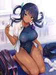  1girl aqua_eyes bag bangs bare_legs barefoot black_hair black_swimsuit breasts collarbone collared_shirt commentary_request competition_swimsuit dark_skin eyebrows_visible_through_hair grin groin hair_ornament hairclip highres large_breasts legwear_removed long_hair looking_at_viewer mappaninatta mimikaki one-piece_swimsuit one_side_up original parted_lips seiza shirt short_sleeves sink sitting smile solo swimsuit swimsuit_under_clothes thighs water wet white_shirt wing_collar zipper 