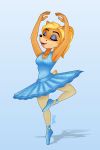  2:3 activision alternate_hairstyle anthro ballerina ballet bandicoot beauty_mark black_nose blonde_hair breasts clothed clothing crash_bandicoot_(series) dance_shoes dancewear female fingers footwear hair isabella_bandicoot magaska19 mammal marsupial pointe_shoes shoes simple_background smile solo tutu video_games 