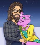  2020 anthro beard blue_eyes blush bojack_horseman brown_hair clothing couple_(disambiguation) cuddling daal_puma domestic_cat duo eyewear facial_hair felid feline felis female glasses green_eyes hair hand_holding human jewelry judah_mannowdog long_hair male mammal necklace netflix pink_nose princess_carolyn shirt signature smile star topwear whiskers 