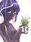  1girl absurdres dark_skin endou_minari fate/grand_order fate/prototype fate/prototype:_fragments_of_blue_and_silver fate_(series) flower hassan_of_serenity_(fate) highres lily_of_the_valley looking_at_viewer nail_polish nude purple_eyes purple_hair short_hair solo upper_body veil 