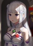  1girl absurdres artist_name bangs bare_shoulders blunt_bangs blurry blurry_background braid breasts character_name commentary crown_braid emerald_(gemstone) emilia_(re:zero) english_commentary eyebrows_visible_through_hair flower gem hair_flower hair_ornament highres long_hair looking_away medium_breasts parted_lips pointy_ears purple_eyes re:zero_kara_hajimeru_isekai_seikatsu sasoura silver_hair solo upper_body x_hair_ornament 