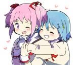  2girls ;d arms_around_neck blue_hair blush clenched_teeth close-up closed_eyes closed_mouth dot_nose furrowed_eyebrows grin hair_ornament hairclip hand_on_another&#039;s_arm heart heart_background hug hug_from_behind juliet_sleeves kaname_madoka kirikuchi_riku long_sleeves looking_at_another looking_back mahou_shoujo_madoka_magica miki_sayaka mitakihara_school_uniform multiple_girls neck_ribbon one_eye_closed open_mouth pink_hair puffy_sleeves red_ribbon ribbon school_uniform short_hair short_twintails simple_background smile teeth twintails uniform upper_body v-shaped_eyebrows white_background 