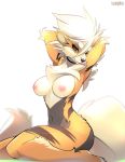  2017 anthro arcanine biped black_body black_fur black_nose blonde_hair breasts canid canine chest_tuft female fur hair hands_behind_head hi_res licking licking_lips looking_at_viewer mammal navel nintendo nipples nude orange_body orange_fur pinup platinum_blonde pok&eacute;mon pok&eacute;mon_(species) pose self_lick simple_background sitting solo stripes teeth tongue tongue_out tsampikos tuft video_games white_background white_body white_fur yellow_body yellow_fur 
