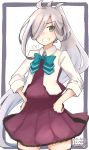  1girl absurdres ahoge asashimo_(kantai_collection) blazer bow bowtie cowboy_shot grey_eyes grin hair_over_one_eye halterneck hands_on_hips highres jacket kantai_collection long_hair looking_at_viewer ma_rukan ponytail remodel_(kantai_collection) school_uniform sharp_teeth silver_hair smile solo standing teeth thighhighs translation_request 