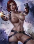  1girl abs absurdres avengers avengers:_endgame belt black_widow blue_eyes breasts dual_wielding firing firing_at_viewer gun handgun highres holding holding_weapon large_breasts logan_cure marvel muzzle_flash natasha_romanoff nipples pistol pubic_hair pussy red_hair thighs weapon 