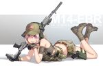  1girl american_flag arm_support artist_name background_text battle_rifle belt boots camouflage combat_boots commentary_request crossdraw_holster glock gloves grey_background gun handgun hat headset holster kws load_bearing_vest looking_at_viewer m14 magazine_(weapon) midriff military military_uniform mk_14_ebr original partial_commentary pistol purple_eyes radio rifle shadow shorts signature silver_hair snap-fit_buckle solo suppressor thigh_holster two-tone_background uniform weapon weapon_name white_background woodland_camouflage 