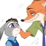  1:1 2016 anthro bodily_fluids canid canine clothed clothing disney duo eye_contact fox fur grey_body grey_fur judy_hopps lagomorph leporid looking_at_another low_res mammal necktie nick_wilde orange_body orange_fur pink_nose purple_eyes rabbit red_fox sagara_shino shirt simple_background smile sweat sweatdrop topwear white_background zootopia 