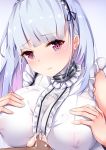  1girl azur_lane bare_shoulders breasts closed_mouth covered_nipples cum cum_on_body cum_on_breasts cum_on_upper_body dido_(azur_lane) ejaculation frilled_shirt frills hands_on_own_chest headdress highres large_breasts long_hair looking_at_viewer paizuri penis pink_eyes shirt silver_hair sleeveless sleeveless_shirt smile solo_focus umou_(may65879) underboob underboob_cutout white_shirt 