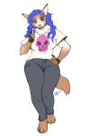  2020 4_toes 5_fingers anthro barefoot blue_hair canid canine canis clothed clothing digital_media_(artwork) digitigrade domestic_dog eyebrows eyelashes female fingers hair kaitycuddle mammal open_mouth solo teeth toes tongue 