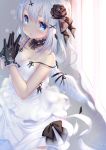  1girl angel_wings black_gloves blue_eyes choker dress gloves hair_ornament hair_ribbon hairclip highres lace long_hair looking_at_viewer open_mouth original ribbon solo sparkle white_dress white_hair window wings zizi_(zz22) 