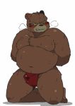  2020 angry anthro belly blush bodily_fluids brown_body brown_fur bulge clothing dagger_(sdorica_sunset) fur genital_fluids kemono kneeling male mammal moobs navel nipples overweight overweight_male precum precum_through_clothing precum_through_underwear sdorica_sunset simple_background solo sweat ugarasi12 underwear ursid wet wet_clothing white_background 
