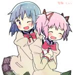  2girls ;d ^_^ black_skirt blue_eyes blue_hair blush closed_eyes dot_nose floating_hair hair_between_eyes hands_on_another&#039;s_chest hands_on_own_chest highres hug hug_from_behind juliet_sleeves kaname_madoka kirikuchi_riku long_sleeves looking_at_another mahou_shoujo_madoka_magica miki_sayaka mitakihara_school_uniform multiple_girls neck_ribbon one_eye_closed open_mouth pink_hair plaid plaid_skirt pleated_skirt puffy_sleeves red_ribbon ribbon school_uniform short_hair short_twintails simple_background skirt smile translation_request twintails uniform upper_body v-shaped_eyebrows white_background 
