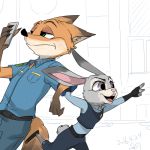  1:1 2016 anthro arm_grab brown_body brown_fur building canid canine cellphone clothed clothing disney duo fox fully_clothed fur gesture grey_body grey_fur holding_cellphone holding_object holding_phone judy_hopps lagomorph leporid mammal nick_wilde open_mouth open_smile outside phone pointing police_uniform rabbit red_fox sagara_shino smile uniform zootopia 