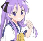  1girl azuse_neko blue_sailor_collar bow bowtie commentary_request grin hiiragi_kagami looking_at_viewer lucky_star purple_eyes purple_hair ryouou_school_uniform sailor_collar school_uniform serafuku simple_background smile solo twintails upper_body white_background yellow_neckwear 